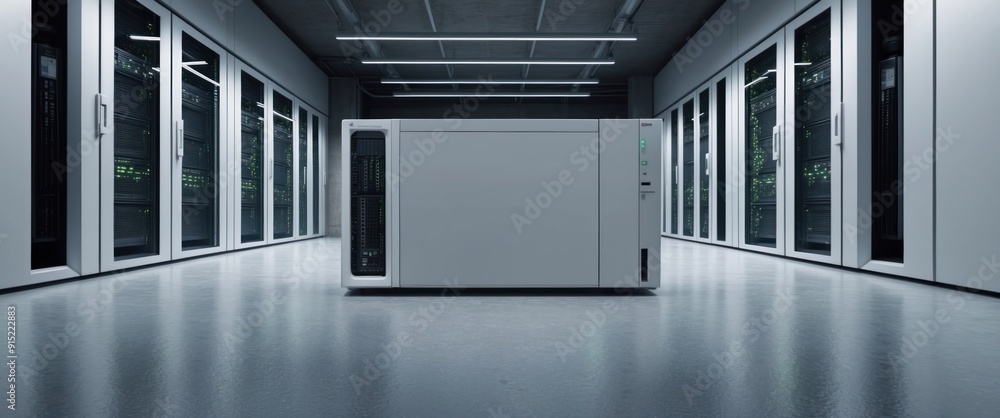 Poster a modern server room showcasing advanced technology and data infrastructure, emphasizing connectivit