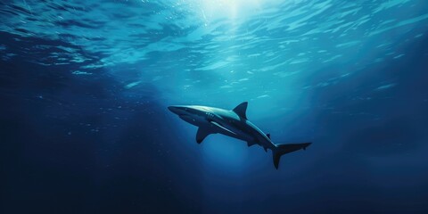 Fototapeta premium Blue shark swimming in the deep blue ocean A majestic predator in its natural habitat
