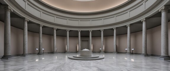 A serene, minimalist gallery featuring classical elements and marble, perfect for art exhibitions or architectural inspiration
