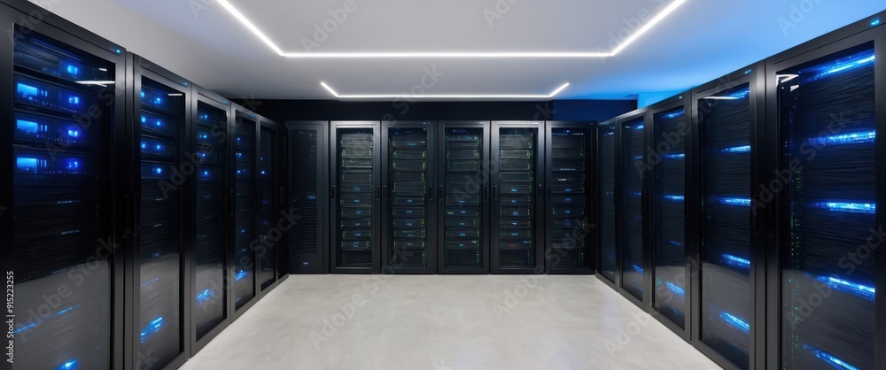 Poster a modern server room filled with data storage cabinets, showcasing advanced technology and efficient