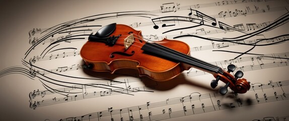 Naklejka premium A beautifully crafted violin rests on sheet music, embodying the essence of music and artistic expression