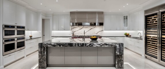 A modern kitchen with sleek marble countertops and high end appliances, embodying elegance and functionality