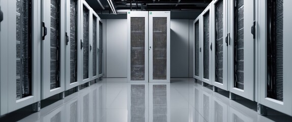 A high tech server room showcasing advanced data storage infrastructure and connectivity in a modern technology environment