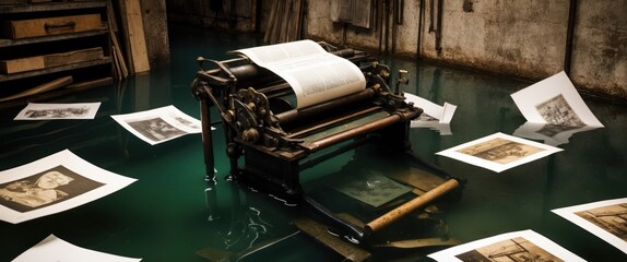 A vintage printing press surrounded by water and scattered photographs, evoking creativity and nostalgia in an artistic setting