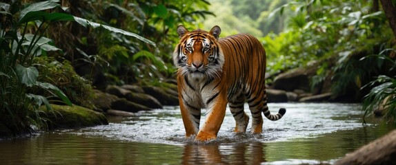 A majestic tiger walks through a lush jungle river, embodying the essence of wildlife and natural beauty