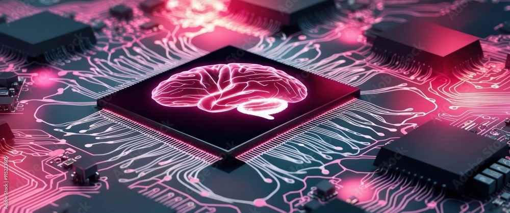 Poster a vivid representation of a brain on a circuit board, symbolizing the fusion of technology and artif