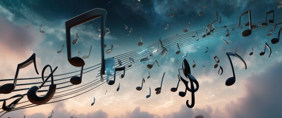 A surreal depiction of music notes floating through a dreamy sky, evoking creativity and inspiration