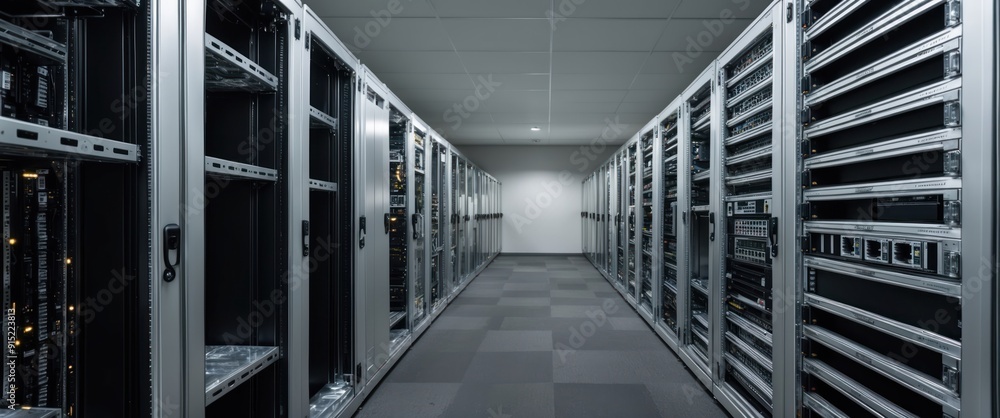 Poster a modern data center featuring rows of server racks, showcasing advanced technology and a futuristic