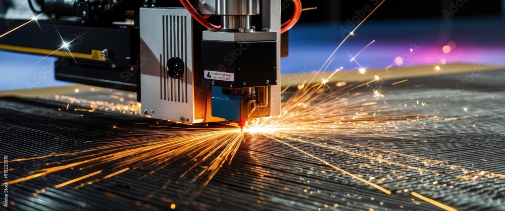 Poster a dynamic image of a laser cutting machine creating sparks during precision metal fabrication