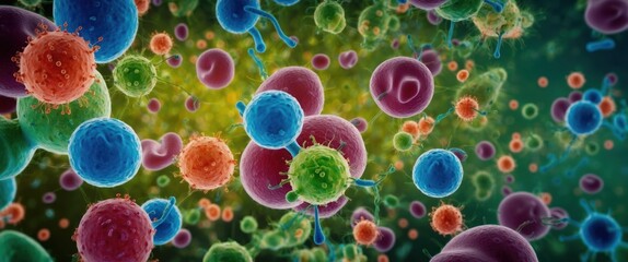 A vibrant microscopic view of colorful cells and microorganisms, illustrating the intricate world of biology and health