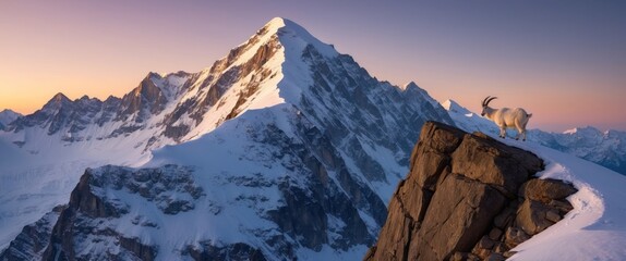 A majestic mountain landscape with a goat atop a rocky peak during a serene sunset