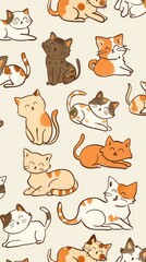 Fototapeta premium A delightful collection of illustrated cats in different poses and colors creates a charming repeating pattern
