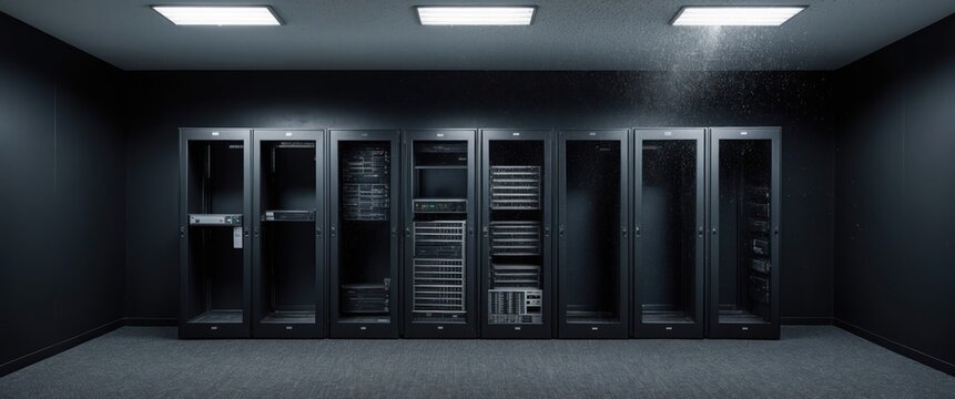 A modern server room showcasing empty racks in a dark setting, reflecting advanced IT infrastructure and data management