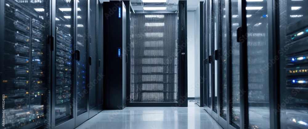 Aufkleber a modern data center showcasing rows of servers, emphasizing technology and digital infrastructure