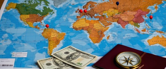 A detailed map with currency, compass, and passport showing travel planning and exploration themes