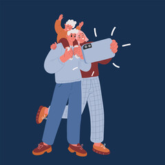Cartoon vector illustration of man and woman taking a picture with a cell phone, with son over dark background