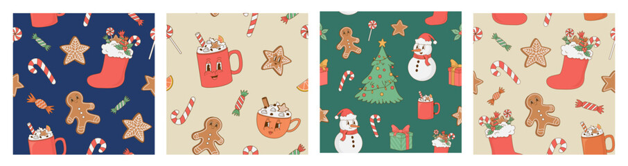Set of retro cartoon Christmas seamless pattern. Xmas tree, snowman, sweets, gift, coffee cup. Perfect for decoration, wrapping paper, print