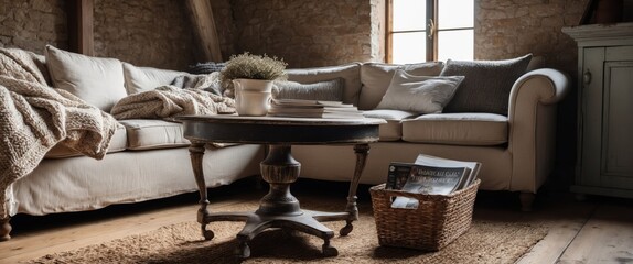 A cozy living room featuring a soft couch, wooden table, and warm textiles, perfect for relaxation and home gathering