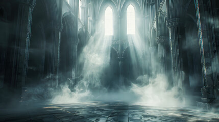 Obraz premium abstract renaissance empty big hall dark gothic light and smoke room