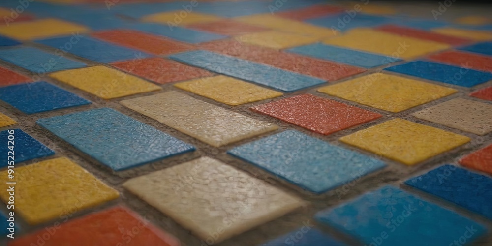 Poster a colorful mosaic tile floor with a blue and yellow square in the middle