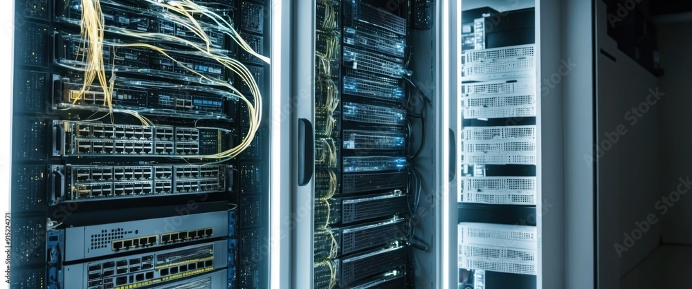 Poster a high tech server rack showcasing cables and devices, symbolizing modern data infrastructure