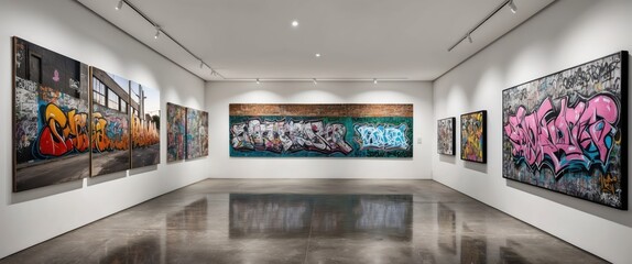 A contemporary art gallery showcasing vibrant graffiti murals, reflecting urban creativity and artistic expression