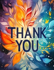 Thank you card with colorful flowers and leaves on a blue background