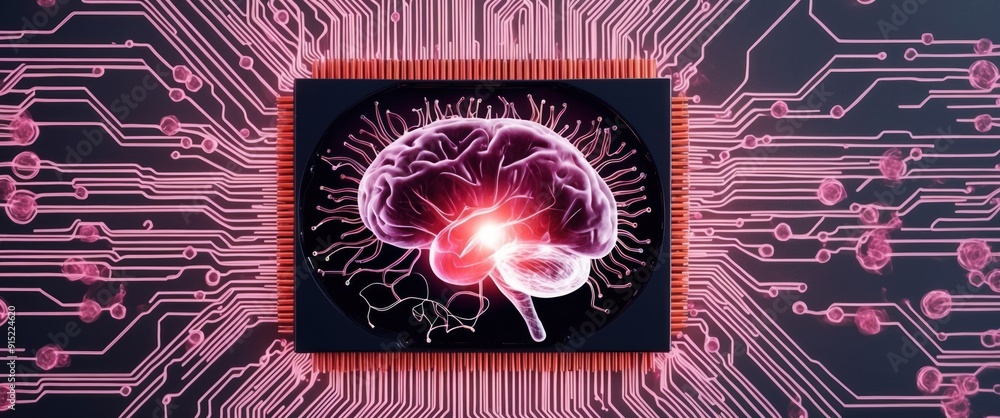 Poster a vibrant depiction of a brain overlaid on circuit patterns, symbolizing the fusion of technology an