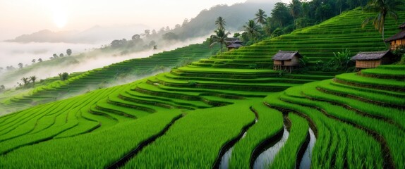 Fototapeta premium A serene landscape of terraced rice fields at sunrise, showcasing vibrant green crops and a peaceful rural atmosphere