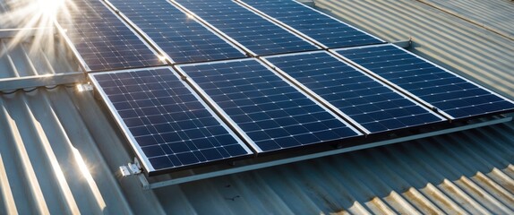 A close up view of solar panels on a rooftop, highlighting renewable energy technology for sustainable living
