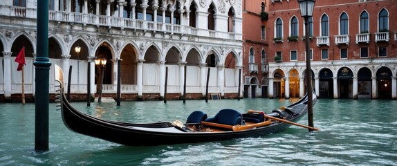 A serene gondola on the canals of Venice, showcasing its iconic architecture and tranquil waters, perfect for travel promotions