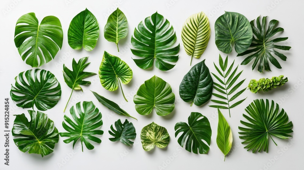 Poster different types of green leaves are arranged on a white surface, highlighting their diverse shapes a