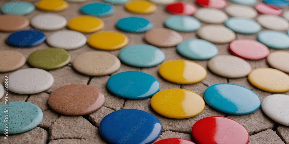 Poster A mosaic of colorful tiles with a blue and red circle in the middle