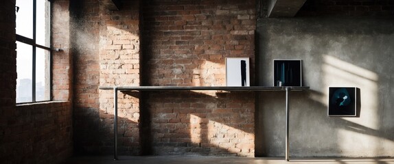 A modern interior featuring a minimalist table and artwork, showcasing sunlight and shadows, perfect for creative workspaces