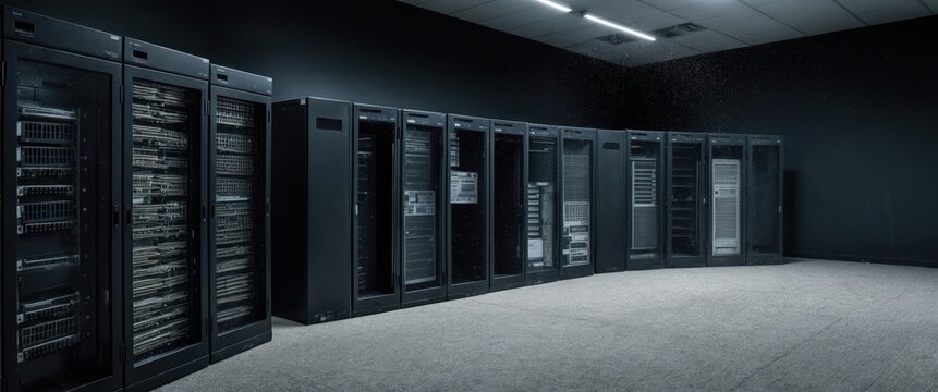 A high tech server room showcasing rows of server racks, emphasizing modern data storage and computing infrastructure