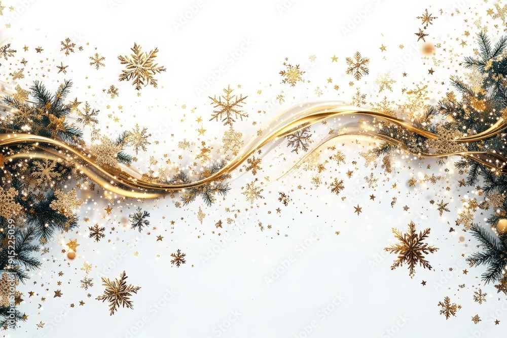 Wall mural Gold snowflakes and pine branches create an elegant winter atmosphere perfect for holiday festivities