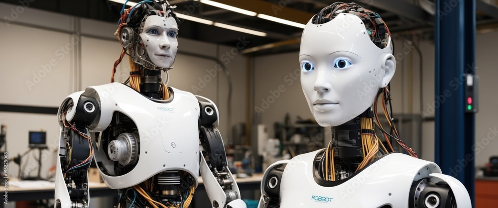 Poster futuristic humanoid robots in a research lab showcase advancements in ai and automation technology
