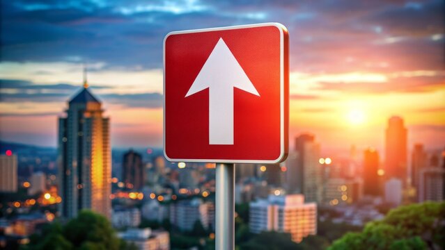A bright red and white pijl arrow sign stands out against a blurred cityscape background, pointing upwards, indicating direction and guidance.