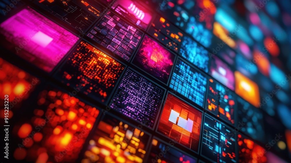 Poster Brightly colored digital patterns illuminate a wall of screens showcasing innovative designs and technology concepts at an event