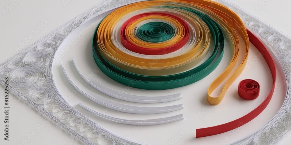 Poster a colorful roll of paper is surrounded by a white circle