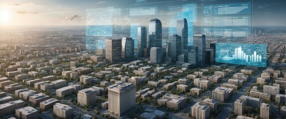 A modern city skyline blended with digital technology, showcasing urban innovation and smart infrastructure