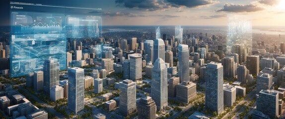 A futuristic city skyline showcasing high tech finance and digital innovation in an urban environment