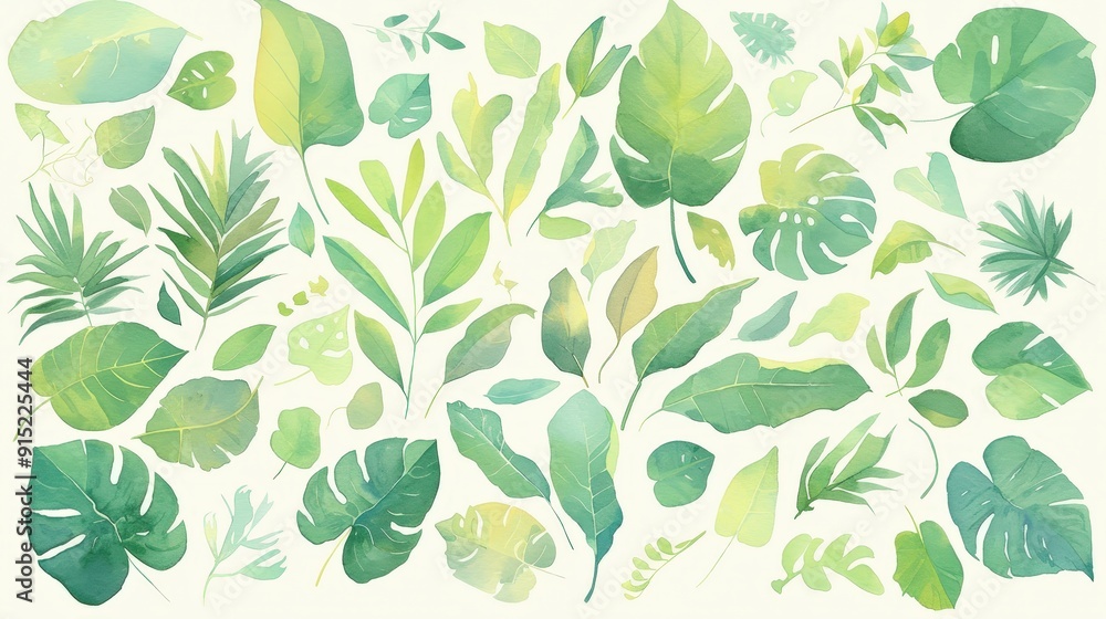 Poster Different shades and shapes of green leaves create a diverse botanical display on a light backdrop, emphasizing nature's beauty and variety