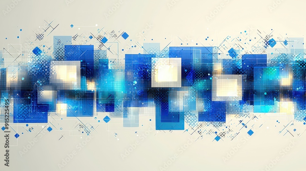Poster colorful geometric shapes create a dynamic abstract pattern with shades of blue and white, evoking a