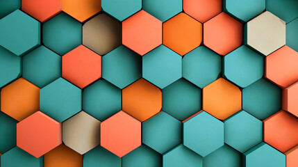 Geometric abstract shapes pattern wallpaper. Header or banner of 3D illustration with orange, red and green hexagonal honeycombs.