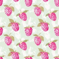 Raspberry on mint background, seamless pattern with grunge texture, vintage retro design for wallpaper or textile printing, pink and green color palette