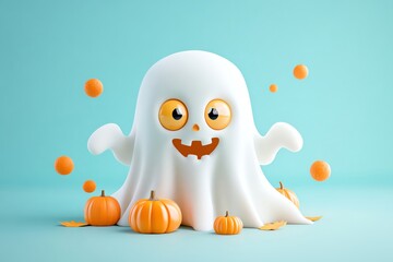 Obraz premium A cheerful cartoon ghost with big eyes and a pumpkin smile, surrounded by pumpkins and orange bubbles on a turquoise background.