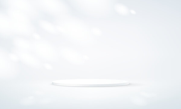Empty gray and white studio room background. White background vector 3d with podium. Empty room with shadow leaves. Space for selling products on the website. Vector illustration.