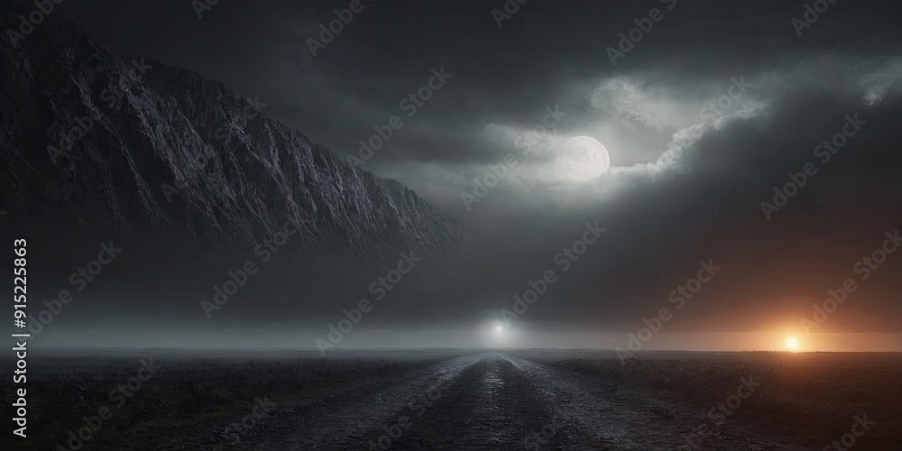 Poster a dark sky with a mountain in the background and a large moon