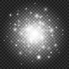 Light burst with shiny stars and glowing particles.Vector White light burst on transparent background.Glowing explosion overlay effect. Magic white transparent light with glitter.Vector illustration